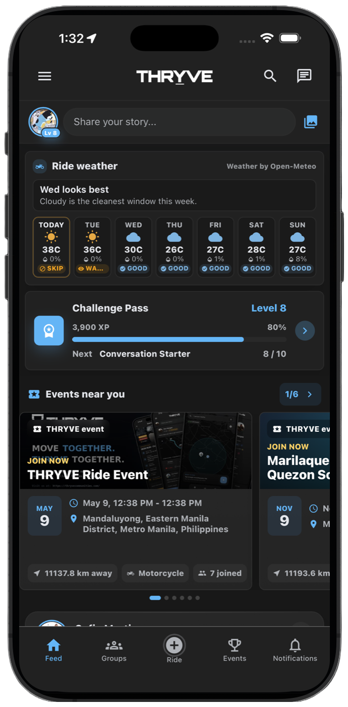THRYVE feed showing the weekly Ride Weather forecast and Challenge Pass progress