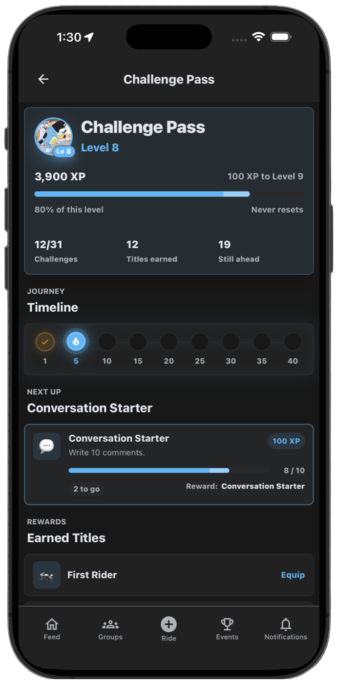 THRYVE Challenge Pass showing XP, level progress, timeline, next challenge, and earned titles