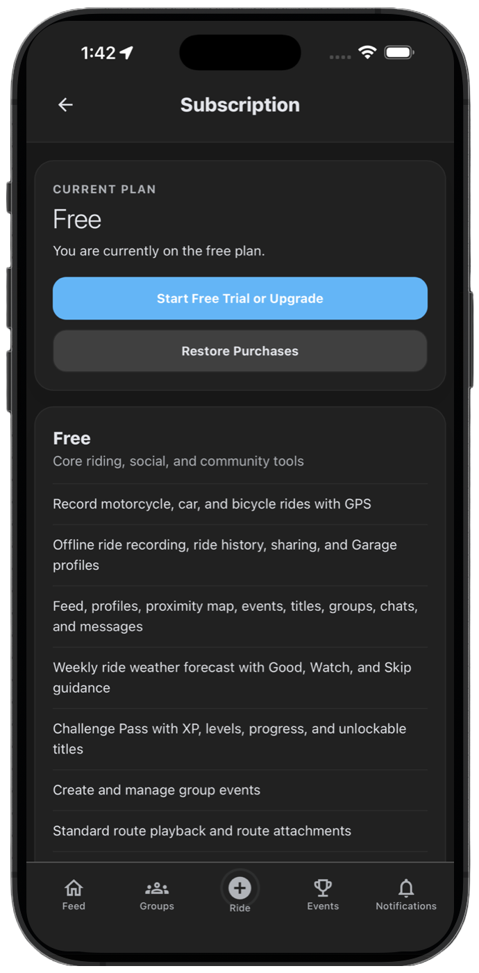 THRYVE Free plan including Ride Weather, Challenge Pass, group events, and GPS recording