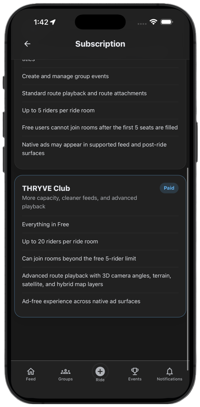 THRYVE Club plan with 20-rider rooms, advanced playback, and an ad-free experience