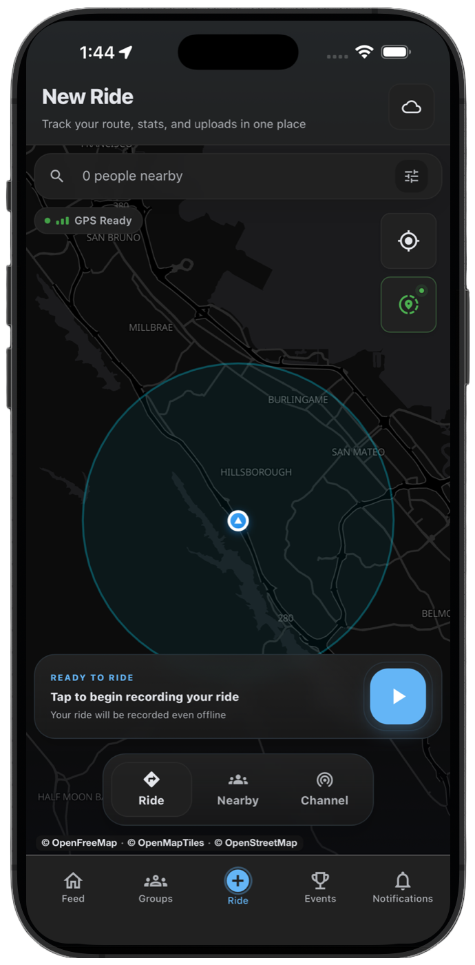 THRYVE New Ride map showing GPS Ready and the recording start control