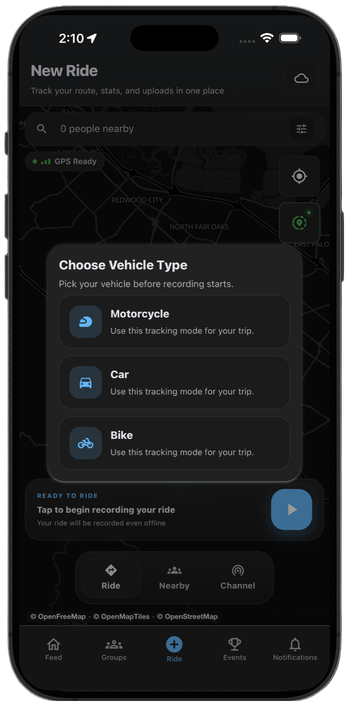 THRYVE vehicle type chooser with Motorcycle, Car, and Bike recording modes